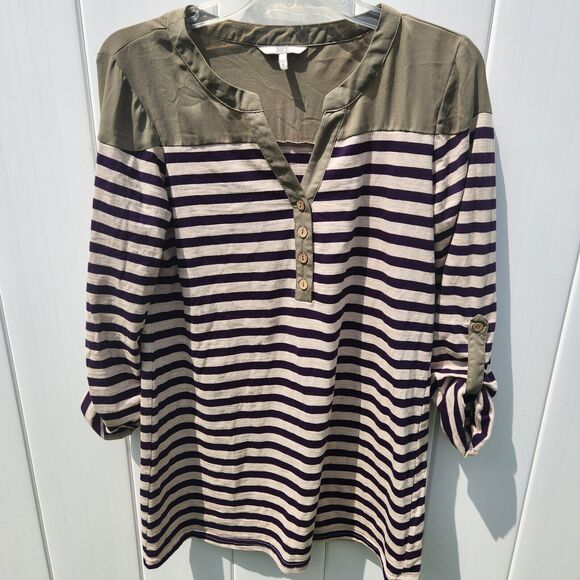 BKE Striped Henley Top Sz Sm V Neck Green Blue Cream Split Neck Tunic Roll Tab - Picture 1 of 9
